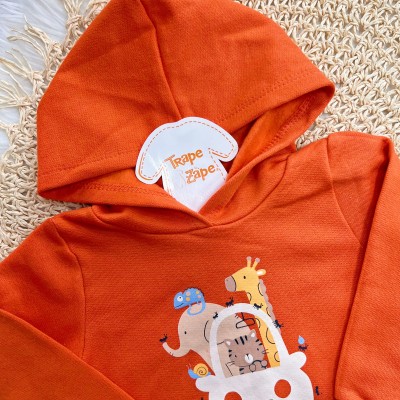 Conj. Casaco Animals Friends com Capuz e Calça de Moletom - Laranja e Azul